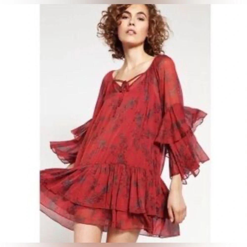 Free People Sunsetter Dress Red Floral Pattern Size XS‎